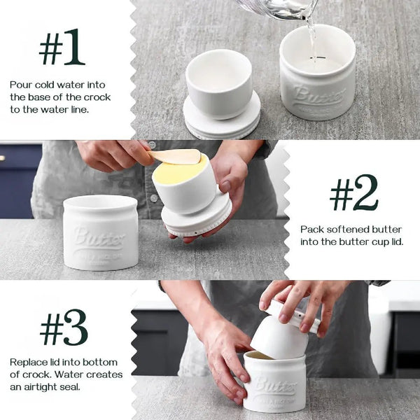 Instructions for using a butter container with a crock, showing steps to pack butter and create an airtight seal.