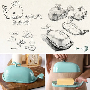 Collage of whale-shaped butter dish with sketches and a person using it.