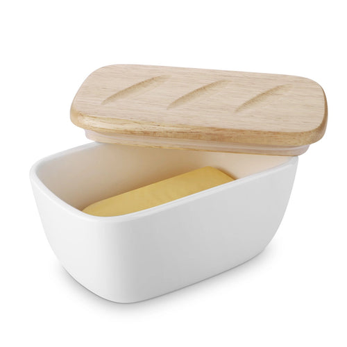 butter dish with wooden lid
white ceramic butter dish​
