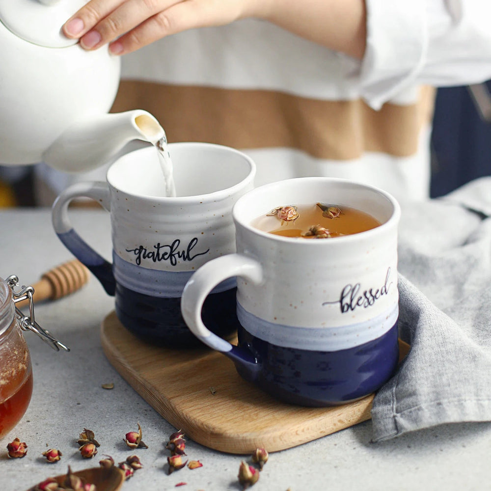 Blue Ceramic Coffee Mugs with Gratitude Text - Set of 2 - Drinkware