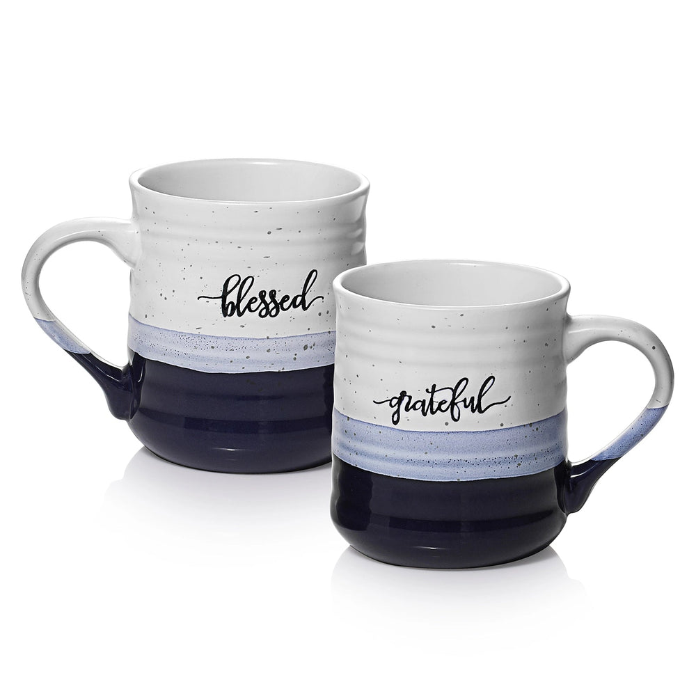 Blue Ceramic Coffee Mugs with Gratitude Text - Set of 2 - Drinkware