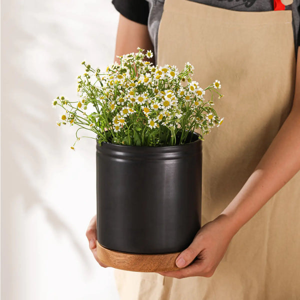Person holding a black utensil holder with a plant and flowers against a neutral background