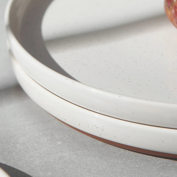 Close-up of a ceramic plate with a speckled glaze on a neutral background