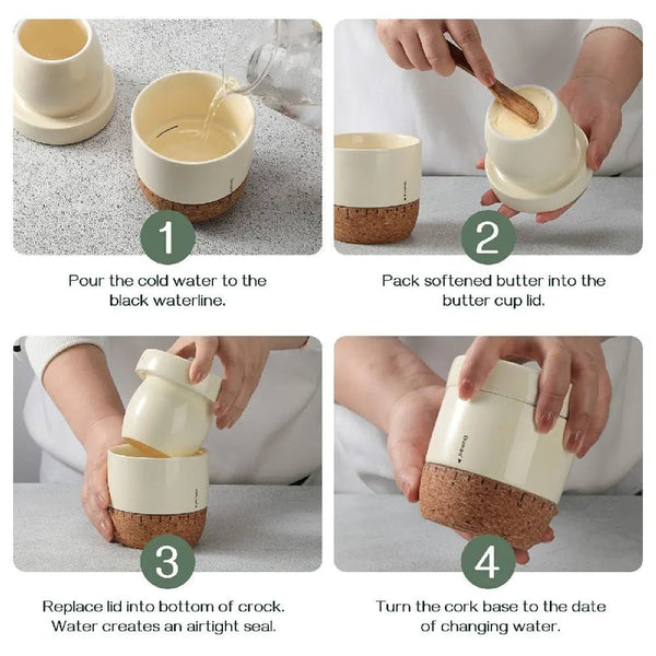 Step-by-step guide on using a butter crock with cork base.