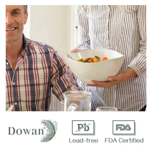Two people holding a bowl of fruit with Dowan, Pb Free, and FDA Certified logos at the bottom.