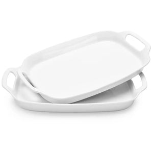 Wedding White Porcelain Serving Platters with Handles - Set of 2 - Dinnerware