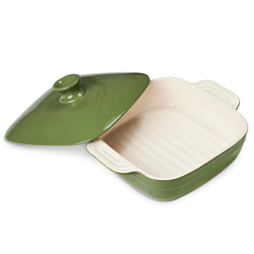 square baking dish; square baking dish with lid; square ceramic baking dish; green baking dish